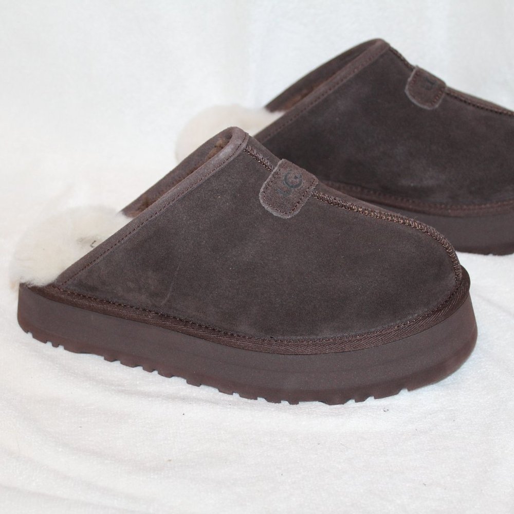 NIB‎ UGG WOMEN'S DISCOQUETTE SUEDE SHEARLING SLIP ON SLIPPERS BROWN